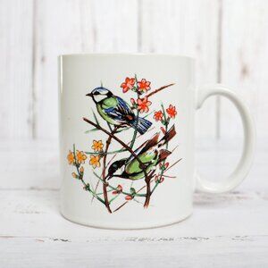 Vintage Coffee Mug Birds Flower Spring Blossoms Branches White Ceramic
